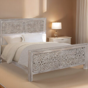 Black Carved Scrollwork Distressed Solid Wood King Bed Frame