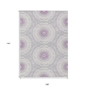 9' X 12' Lilac Purple And Ivory Floral Medallion Washable Indoor Outdoor Area Rug