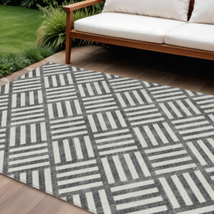 9' X 12' Black And Ivory Geometric Washable Indoor Outdoor Area Rug