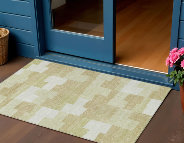 3' X 5' Beige Ivory And Brown Geometric Washable Indoor Outdoor Area Rug