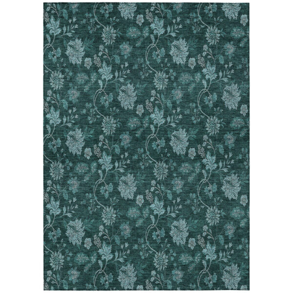 3' X 5' Teal Blue And Aqua Floral Washable Indoor Outdoor Area Rug