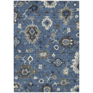 5' X 8' Blue Gray And White Floral Washable Indoor Outdoor Area Rug