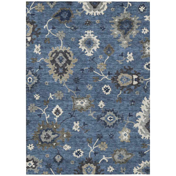 5' X 8' Blue Gray And White Floral Washable Indoor Outdoor Area Rug