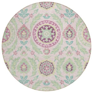 8' Pink Mauve And Mint Green Round Floral Washable Indoor Outdoor Area Rug