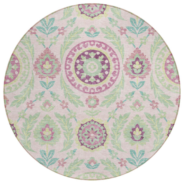 8' Pink Mauve And Mint Green Round Floral Washable Indoor Outdoor Area Rug