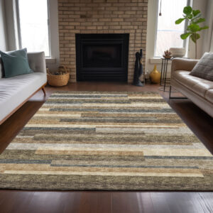8' X 10' Taupe Beige And Charcoal Striped Washable Indoor Outdoor Area Rug