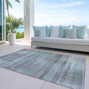8' X 10' Teal Blue Gray And Charcoal Striped Washable Indoor Outdoor Area Rug