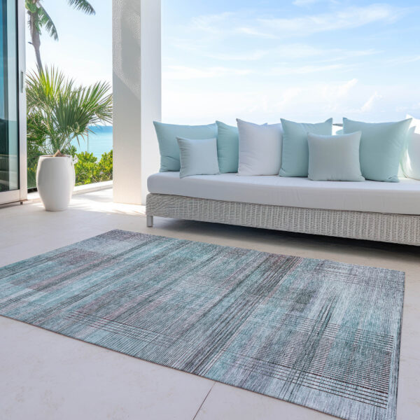 8' X 10' Teal Blue Gray And Charcoal Striped Washable Indoor Outdoor Area Rug