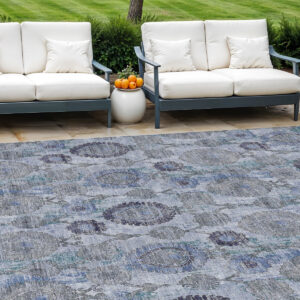 8' X 10' Navy Blue And Sky Blue Damask Washable Indoor Outdoor Area Rug