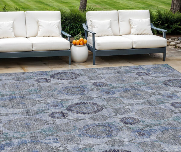 8' X 10' Navy Blue And Sky Blue Damask Washable Indoor Outdoor Area Rug