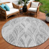 8' Gray Charcoal And Ivory Round Geometric Washable Indoor Outdoor Area Rug
