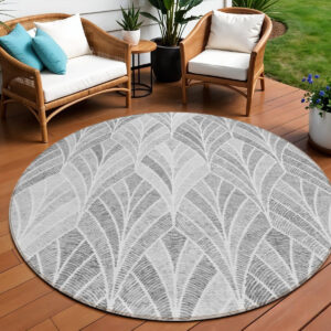 8' Gray Charcoal And Ivory Round Geometric Washable Indoor Outdoor Area Rug