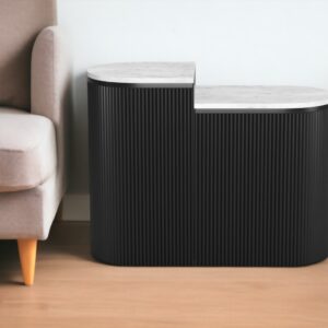 Set of Two Black And White Solid Wood And Marble Oval Block End Tables