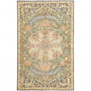 5' X 8' Blue Green Clay And Gold Oriental Tufted Handmade Stain Resistant Area Rug