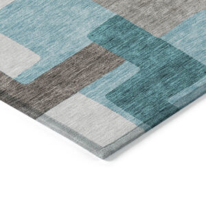9' X 12' Teal Blue Aqua And Beige Abstract Washable Indoor Outdoor Area Rug