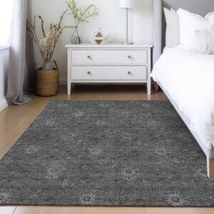 3' X 5' Gray And Charcoal Floral Washable Indoor Outdoor Area Rug