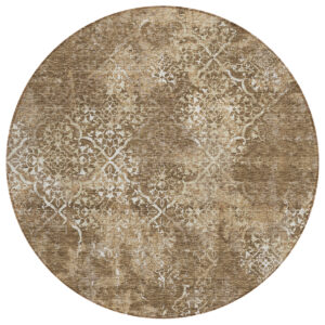 8' Brown Taupe And Ivory Round Floral Washable Indoor Outdoor Area Rug