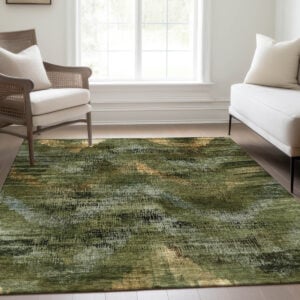 9' X 12' Olive Green And Gold Abstract Washable Indoor Outdoor Area Rug