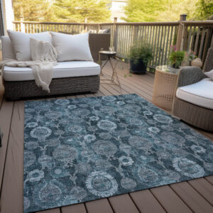 9' X 12' Teal Blue And Sky Blue Damask Washable Indoor Outdoor Area Rug