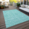 9' X 12' Teal Blue And Ivory Floral Washable Indoor Outdoor Area Rug