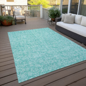 9' X 12' Teal Blue And Ivory Floral Washable Indoor Outdoor Area Rug