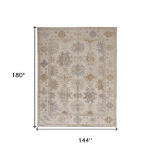 12' X 15' Ivory Tan And Blue Floral Hand Knotted Stain Resistant Area Rug