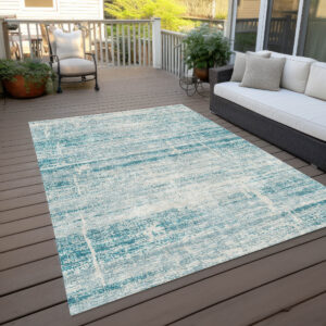 9' X 12' Teal Blue Aqua And Ivory Abstract Washable Indoor Outdoor Area Rug