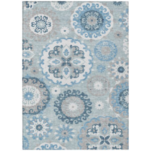 3' X 5' Sky Blue And Denim Blue Floral Medallion Washable Indoor Outdoor Area Rug