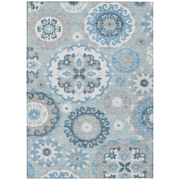 3' X 5' Sky Blue And Denim Blue Floral Medallion Washable Indoor Outdoor Area Rug