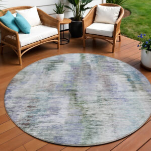 8' Green Gray And Purple Round Abstract Washable Indoor Outdoor Area Rug