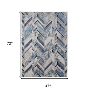 4' x 6' Ivory and Blue Chevron Power Loom Distressed Area Rug