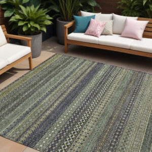 10' X 14' Sage Striped Washable Non Skid Indoor Outdoor Area Rug