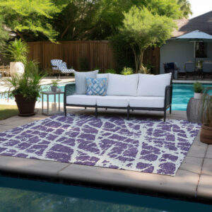 5' X 8' Purple and White Abstract Washable Non Skid Indoor Outdoor Area Rug