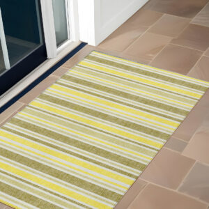 3' X 5' Khaki Yellow and Gray Striped Washable Non Skid Indoor Outdoor Area Rug