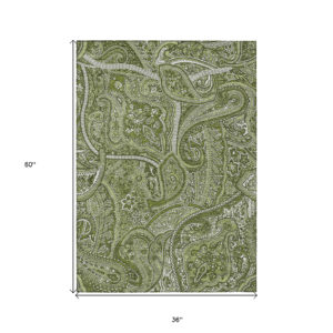 3' X 5' Artichoke Green And Olive Green Paisley Washable Indoor Outdoor Area Rug