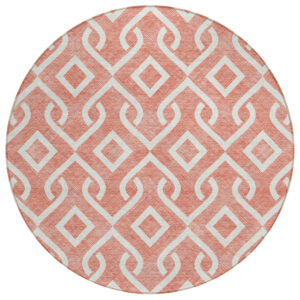 8' Salmon And Ivory Round Geometric Washable Indoor Outdoor Area Rug