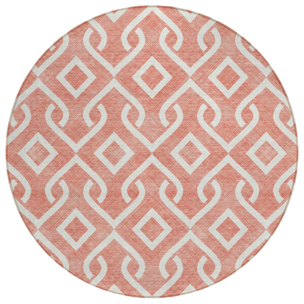 8' Salmon And Ivory Round Geometric Washable Indoor Outdoor Area Rug
