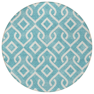 8' Teal Blue And Ivory Round Geometric Washable Indoor Outdoor Area Rug