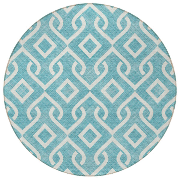 8' Teal Blue And Ivory Round Geometric Washable Indoor Outdoor Area Rug