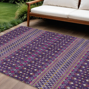9' X 12' Purple Pink And Yellow Tribal Washable Indoor Outdoor Area Rug