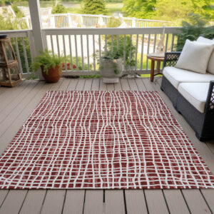 5' X 8' Burgundy And Ivory Striped Washable Indoor Outdoor Area Rug