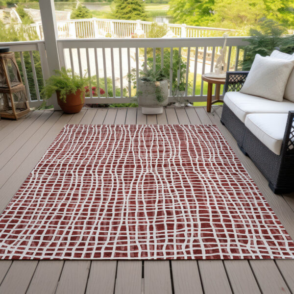 5' X 8' Burgundy And Ivory Striped Washable Indoor Outdoor Area Rug