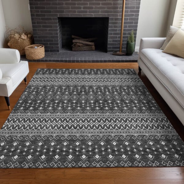 8' X 10' Gray Silver And Charcoal Tribal Washable Indoor Outdoor Area Rug