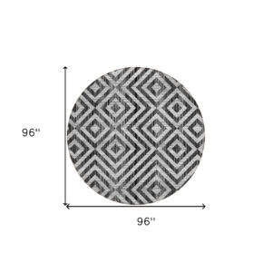 8' Black Gray And Silver Round Geometric Washable Indoor Outdoor Area Rug