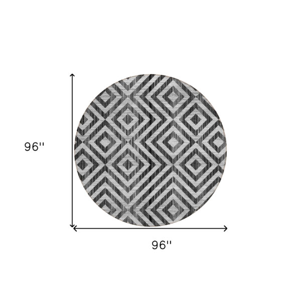 8' Black Gray And Silver Round Geometric Washable Indoor Outdoor Area Rug