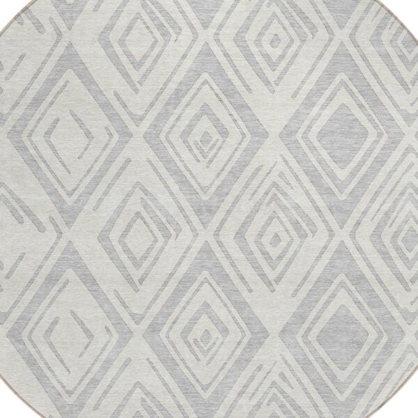 8' Pewter And Ivory Round Geometric Washable Indoor Outdoor Area Rug