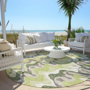 8' Artichoke Green Green And Ivory Round Abstract Washable Indoor Outdoor Area Rug