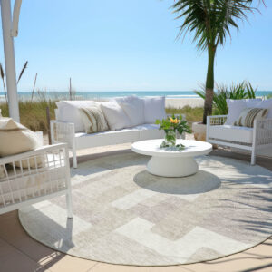 8' Beige Tan And Taupe Round Abstract Washable Indoor Outdoor Area Rug