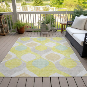 5' X 8' Yellow Mint Green And Beige Ogee Washable Indoor Outdoor Area Rug