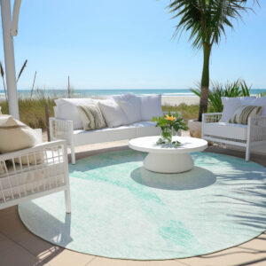 8' Aqua Sky Blue And Ivory Round Abstract Washable Indoor Outdoor Area Rug